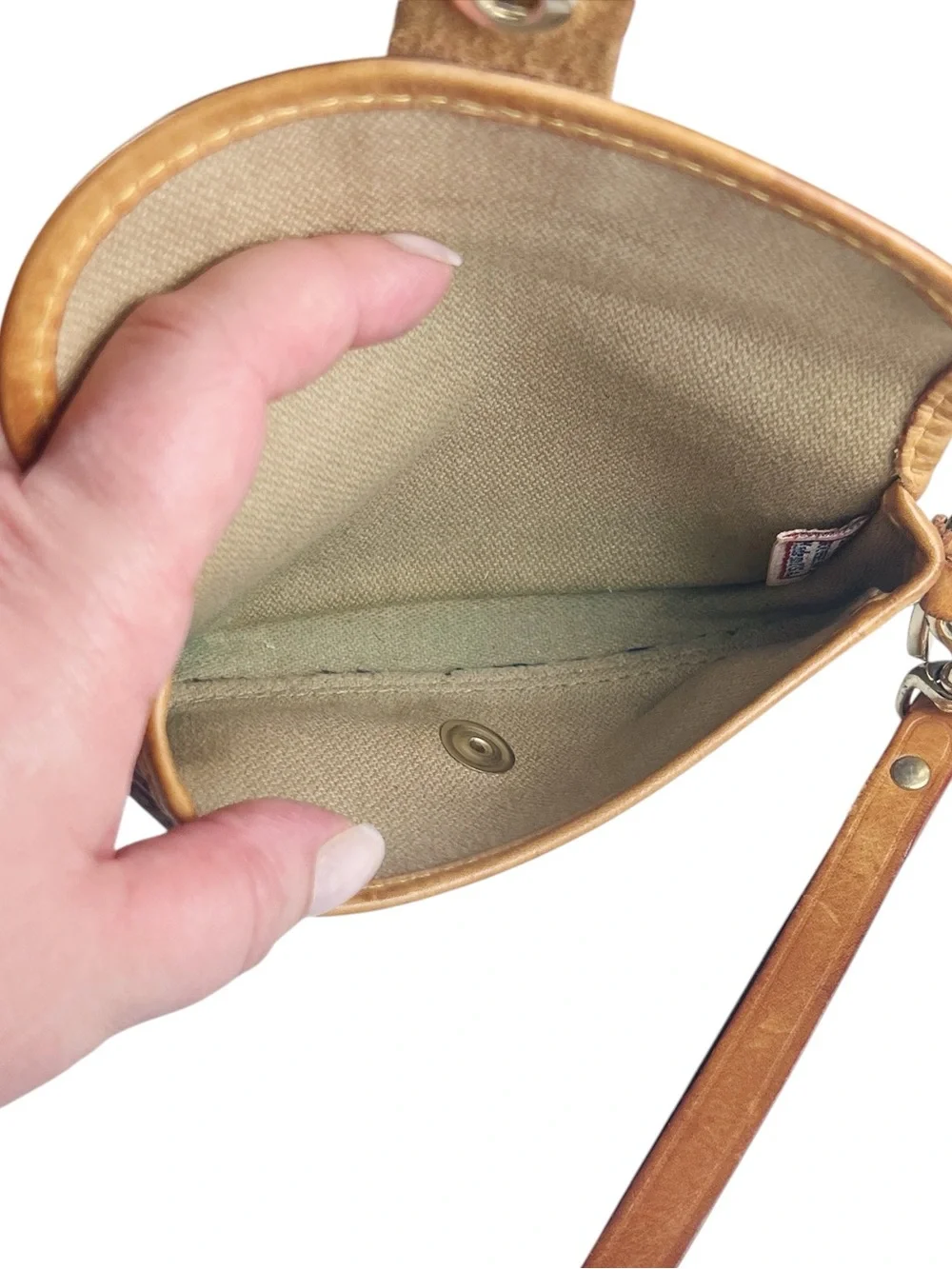 Dooney & Bourke Vintage Brown Fabric Monogram Wristlet with Tan Leather Trim